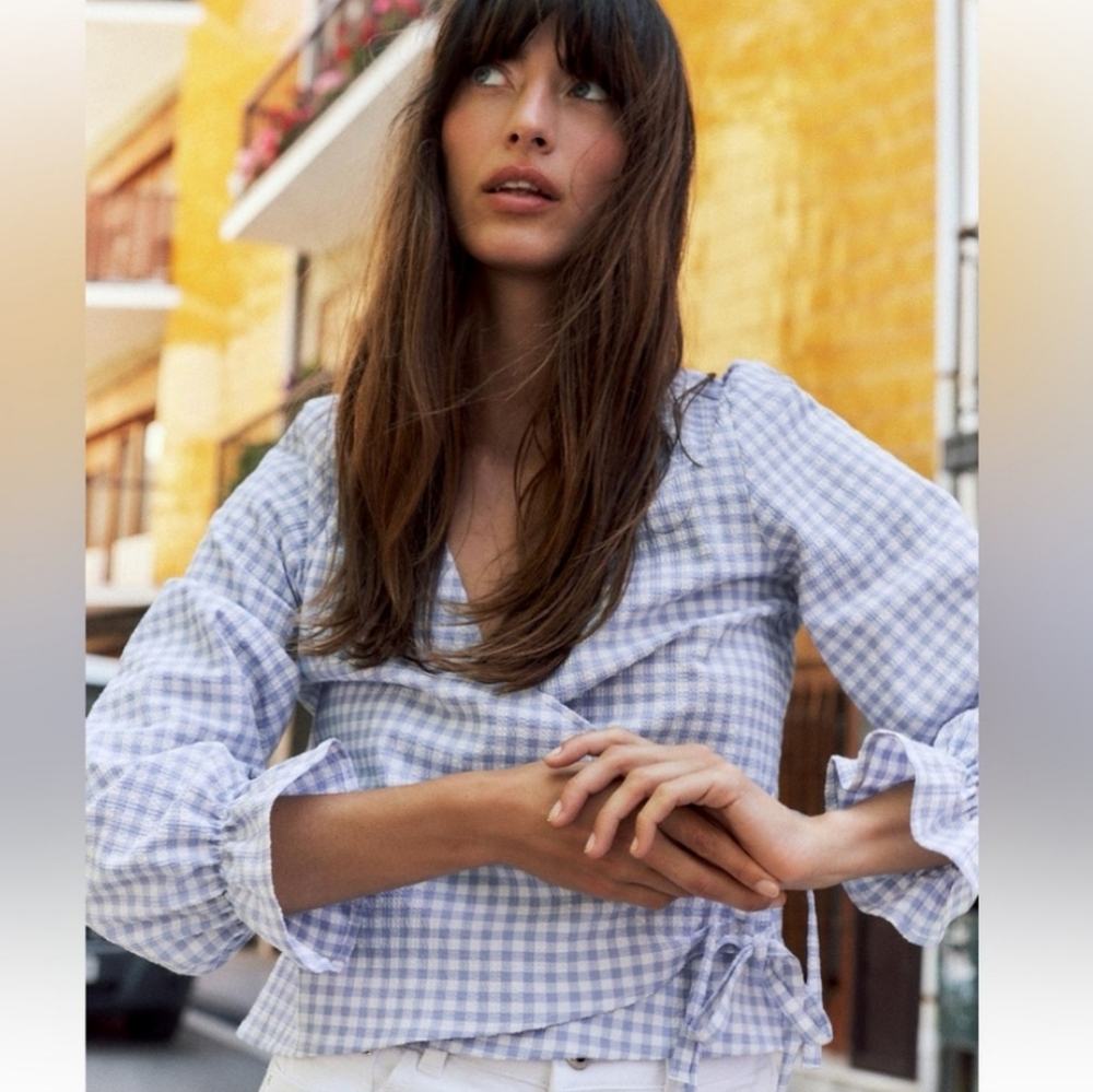 NWT ZARA Blue Gingham Wrap Blouse Top